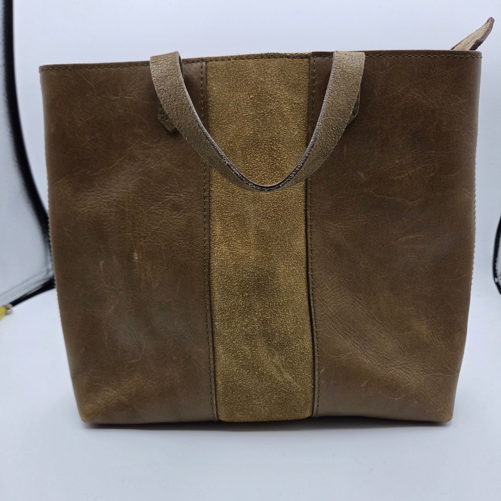 Madewell Brown Leather Suede Stripe Zip Top Transport Tote Bag L9478 SU19